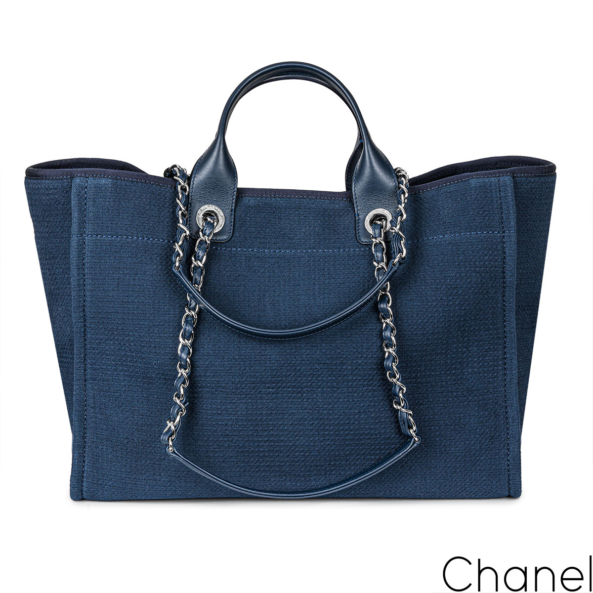 NEW Chanel Small Deauville Shopping Bag Blue Boucle Silver Hardware Tote Bag